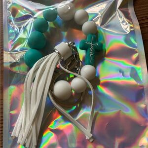 Teal and White Beaded Keychain with Tassel